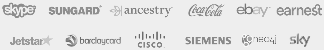 Our clients - Skype Sungard Ancestry Coca-cola Ebay Earnest Jetstar Barclaycard Cisco Siemens Neo4j Sky